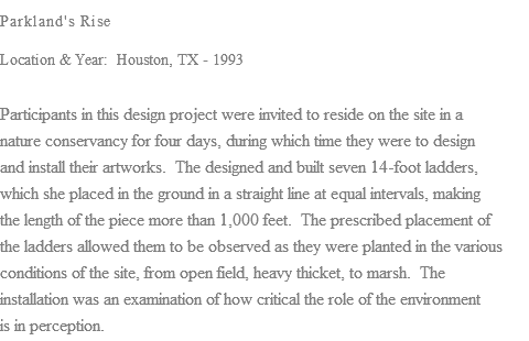 Parkland's Rise Location & Year: Houston, TX - 1993 Participants in this design project were invited to reside on the site in a nature conservancy for four days, during which time they were to design and install their artworks. The designed and built seven 14-foot ladders, which she placed in the ground in a straight line at equal intervals, making the length of the piece more than 1,000 feet. The prescribed placement of the ladders allowed them to be observed as they were planted in the various conditions of the site, from open field, heavy thicket, to marsh. The installation was an examination of how critical the role of the environment is in perception.